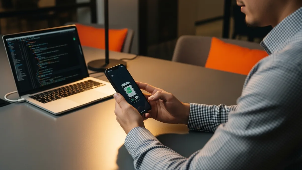 Mobile app developer reviewing an iOS app on an iPhone beside a Mac showing code