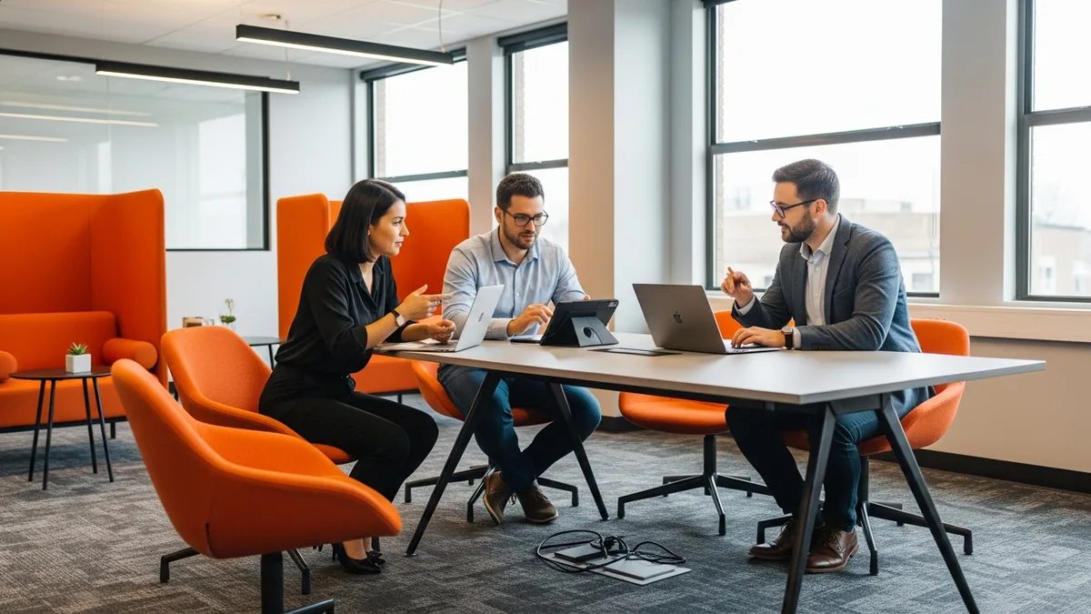Tech team planning an iOS developer hire around a table in a modern office