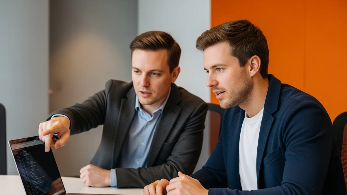 Two engineers reviewing code together during an iOS developer technical interview