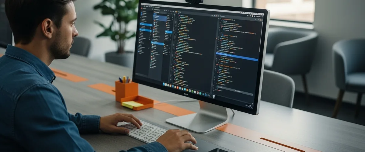 iOS developer reviewing Swift code at a Mac workstation