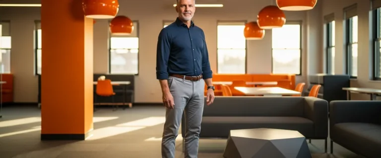 Confident senior Java developer standing in a modern technology office