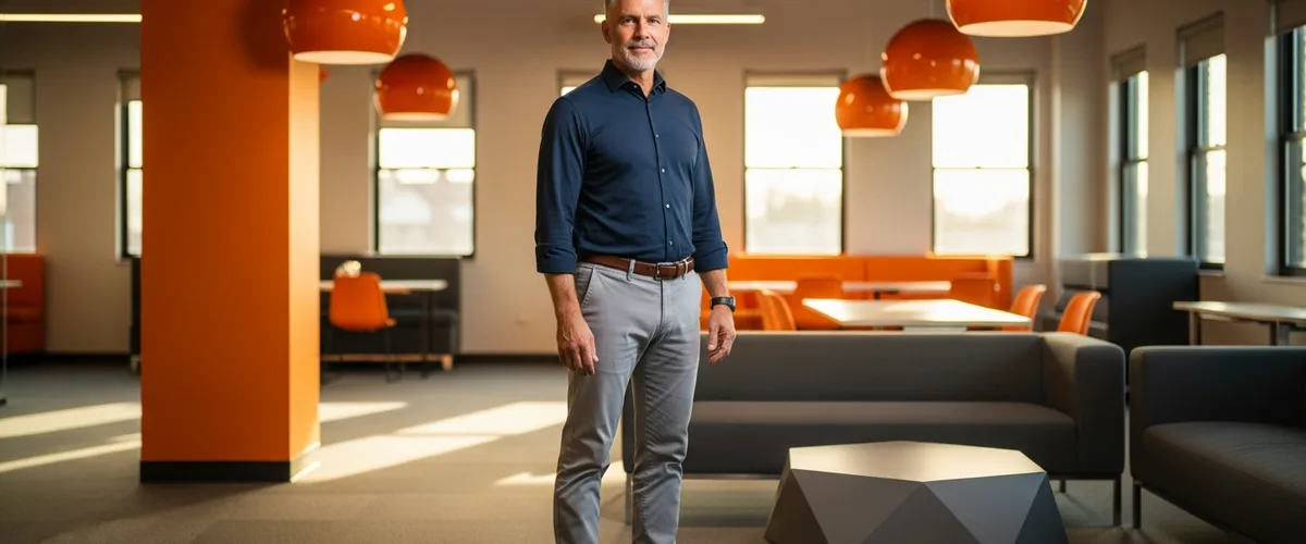 Confident senior Java developer standing in a modern technology office