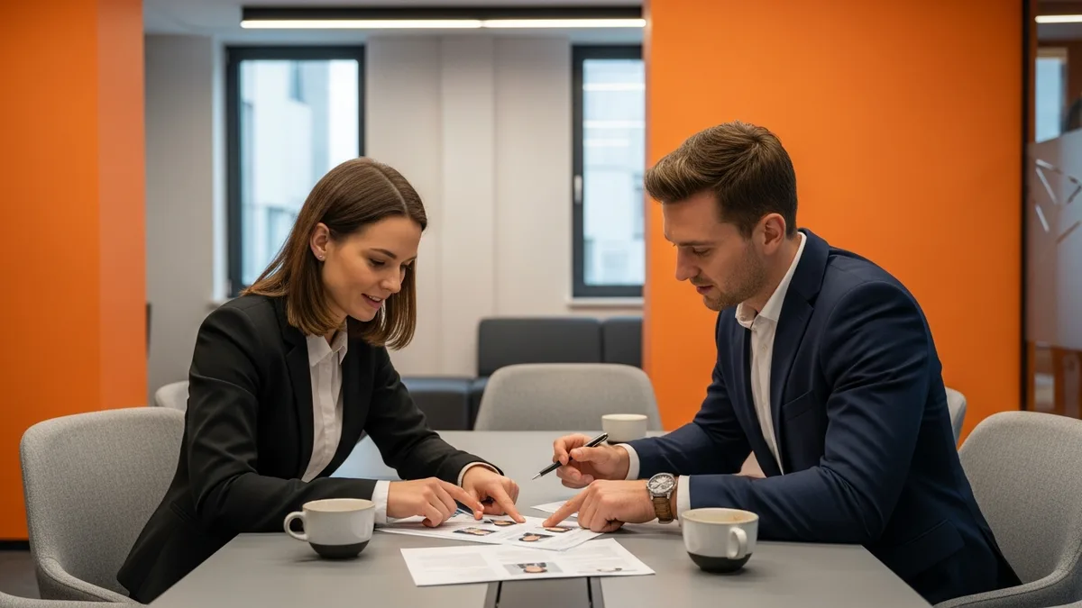 Recruiter and client hiring manager reviewing a shortlist of printed Java developer candidate profiles