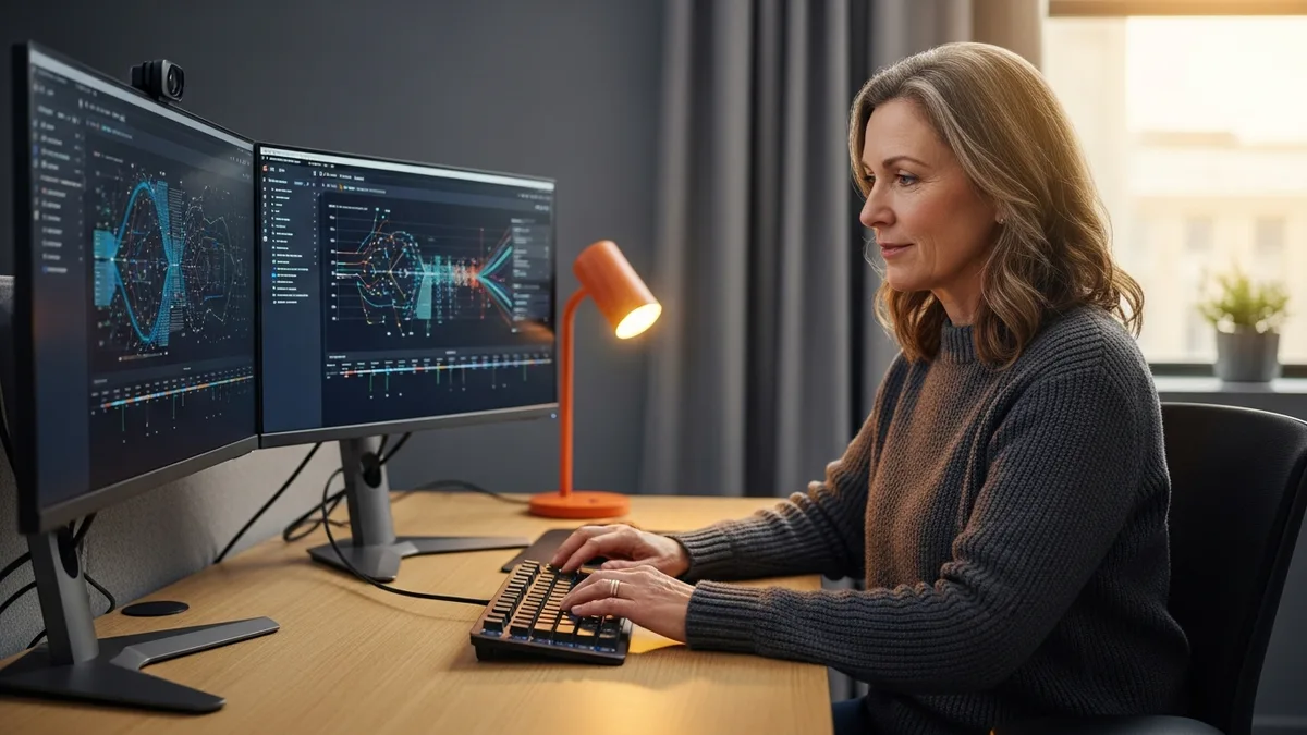 Female senior LLM engineer debugging a retrieval pipeline at dual monitors with abstract dashboard graphs in a modern tech workspace with warm orange accent lamp