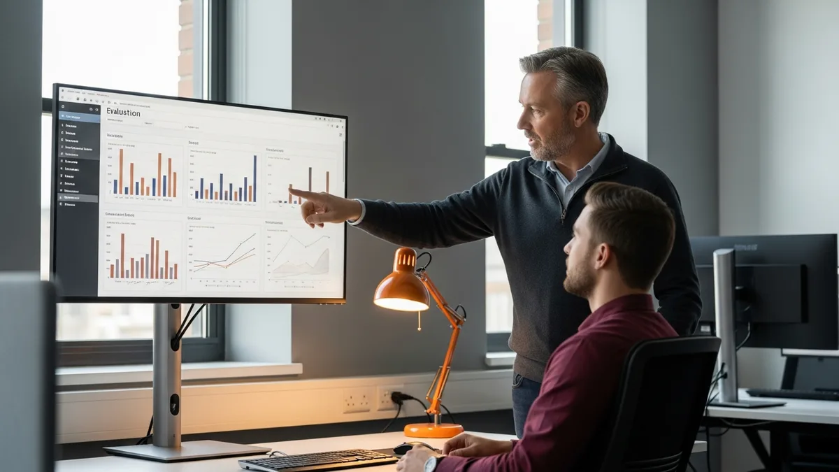 Two LLM engineers reviewing an abstract evaluation and cost dashboard together on a shared monitor with warm orange accent lamp in a modern technology workspace