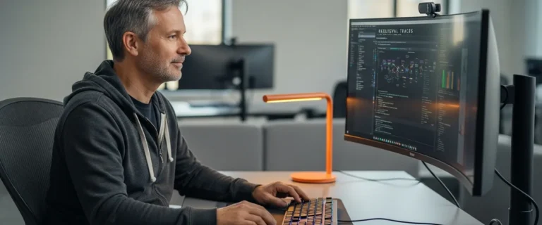 Senior LLM engineer at curved ultrawide monitor reviewing retrieval traces and token-level evaluation metrics in a modern technology office with warm orange accent desk lamp