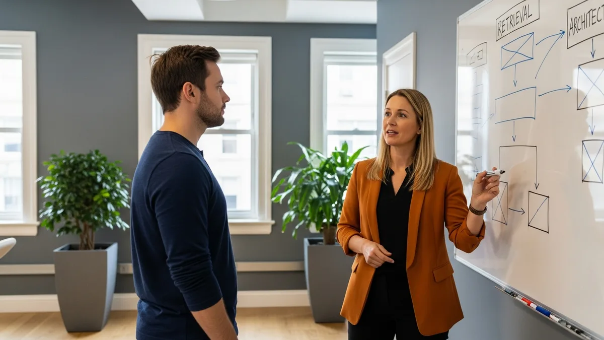Hiring manager in orange blazer interviewing a senior LLM engineer candidate at a whiteboard sketching an abstract retrieval architecture diagram in a modern technology office