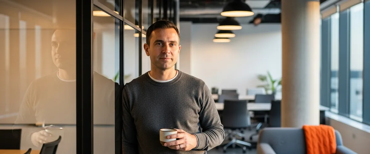 Senior MLOps engineer in charcoal sweater holding coffee mug in a modern tech office with brand orange accent throw and warm pendant lighting