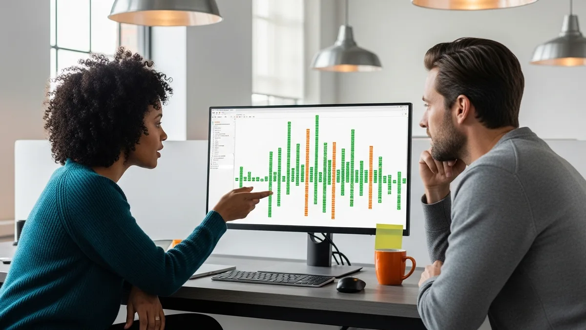 MLOps engineer and ML engineer pair programming at a single monitor reviewing a CI/CD model promotion pipeline visualization with orange coffee mug on desk