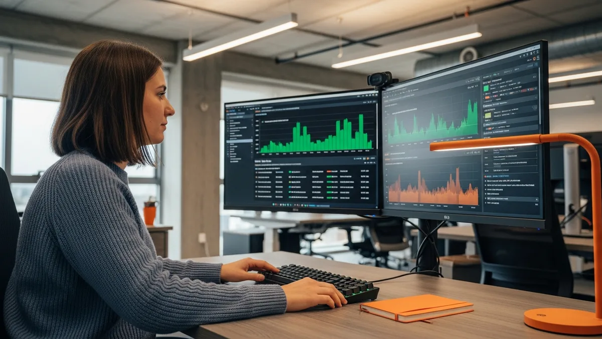 MLOps engineer at dual ultra-wide monitors monitoring ML platform serving latency dashboard with green and orange metrics, orange desk lamp on her workstation