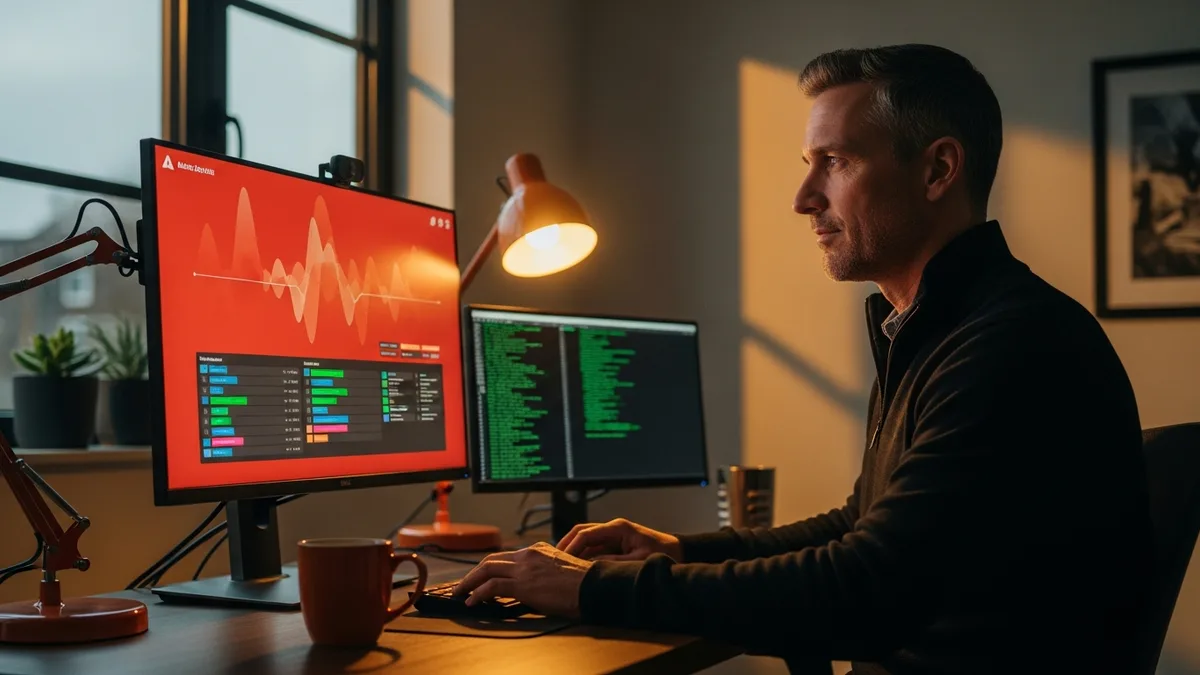 MLOps engineer in dim home office responding to a production ML platform incident with red alert dashboard on his monitor and orange desk lamp in golden-hour light