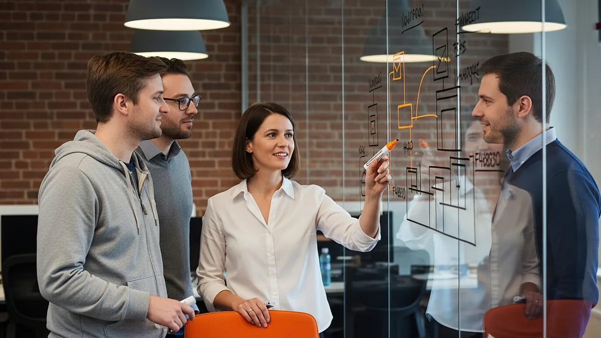 Engineering team of four reviewing MLOps platform architecture sketches on a glass whiteboard in a modern tech office with exposed brick wall and orange chair cushions