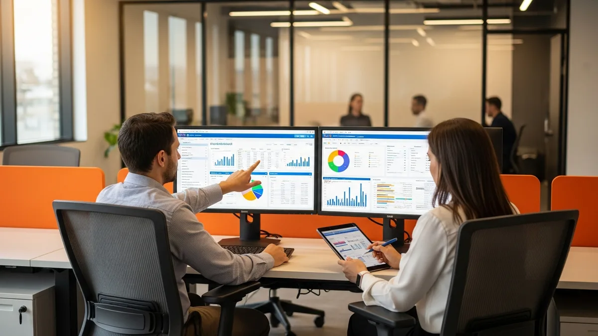 Two ERP consultants collaborating over NetSuite financial dashboards at a dual-monitor workstation