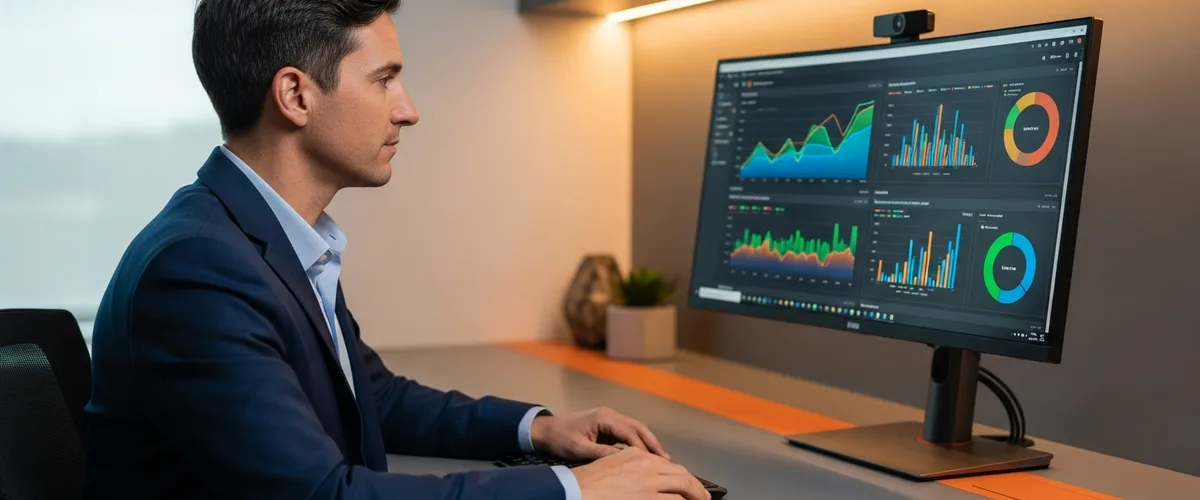 NetSuite ERP consultant reviewing financial dashboards on a monitor in a modern office