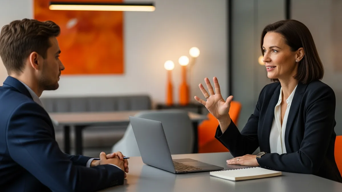 Hiring manager interviewing a NetSuite consultant across a desk in a modern office