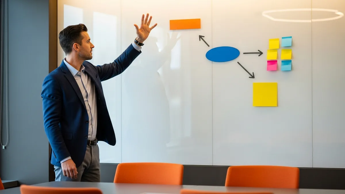 NetSuite implementation consultant mapping a business process on a glass whiteboard