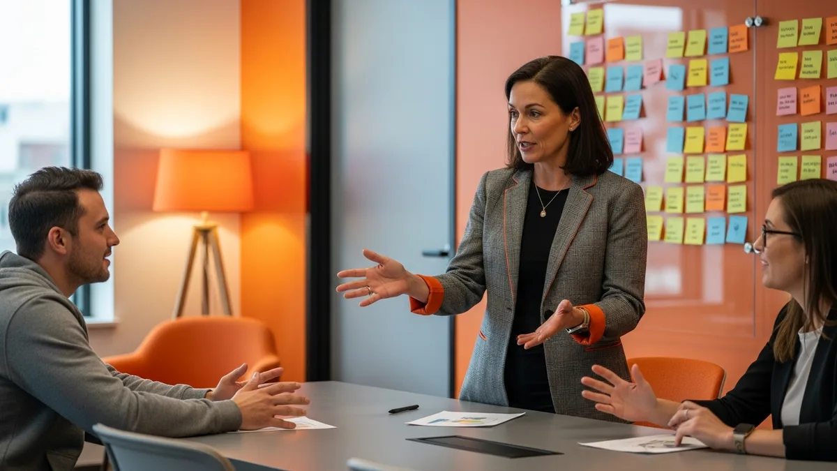 Senior product manager leading a cross-functional roadmap discussion with an engineer and a designer at a long table in a modern collaboration room with a glass Post-It board