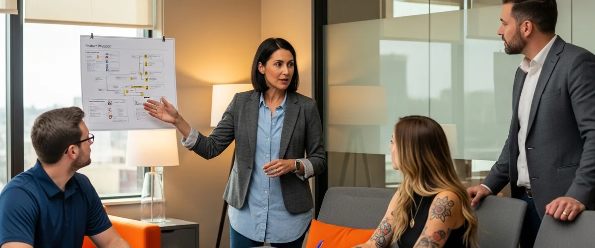 Senior product manager presenting a printed product roadmap to a cross-functional team of engineer, designer, and sales lead in a modern tech company conference room with a warm orange accent wall