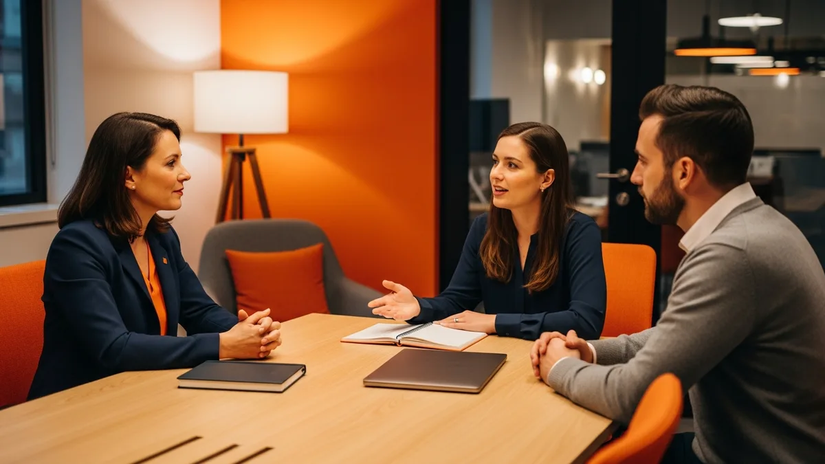 Two hiring managers interviewing a senior product manager candidate across a light wood conference table in a modern tech company office, candidate mid-sentence and confident