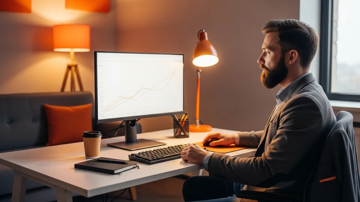 Senior product manager reviewing activation and retention dashboards on a large external monitor at a modern desk with coffee, notebook, and mechanical keyboard