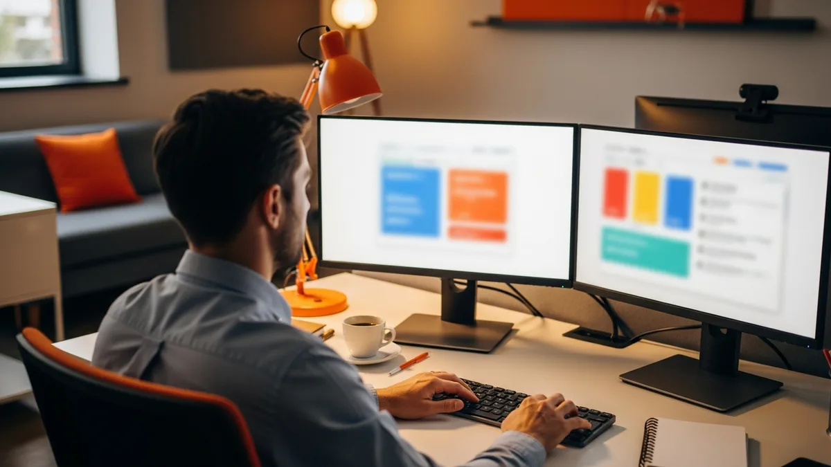 Product marketing manager reviewing competitive intelligence battlecards and win loss dashboards on dual monitors