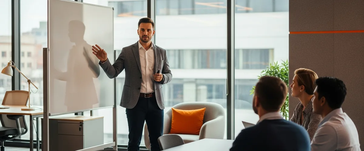 Product marketing manager presenting launch positioning to a cross-functional team at a whiteboard in a modern office
