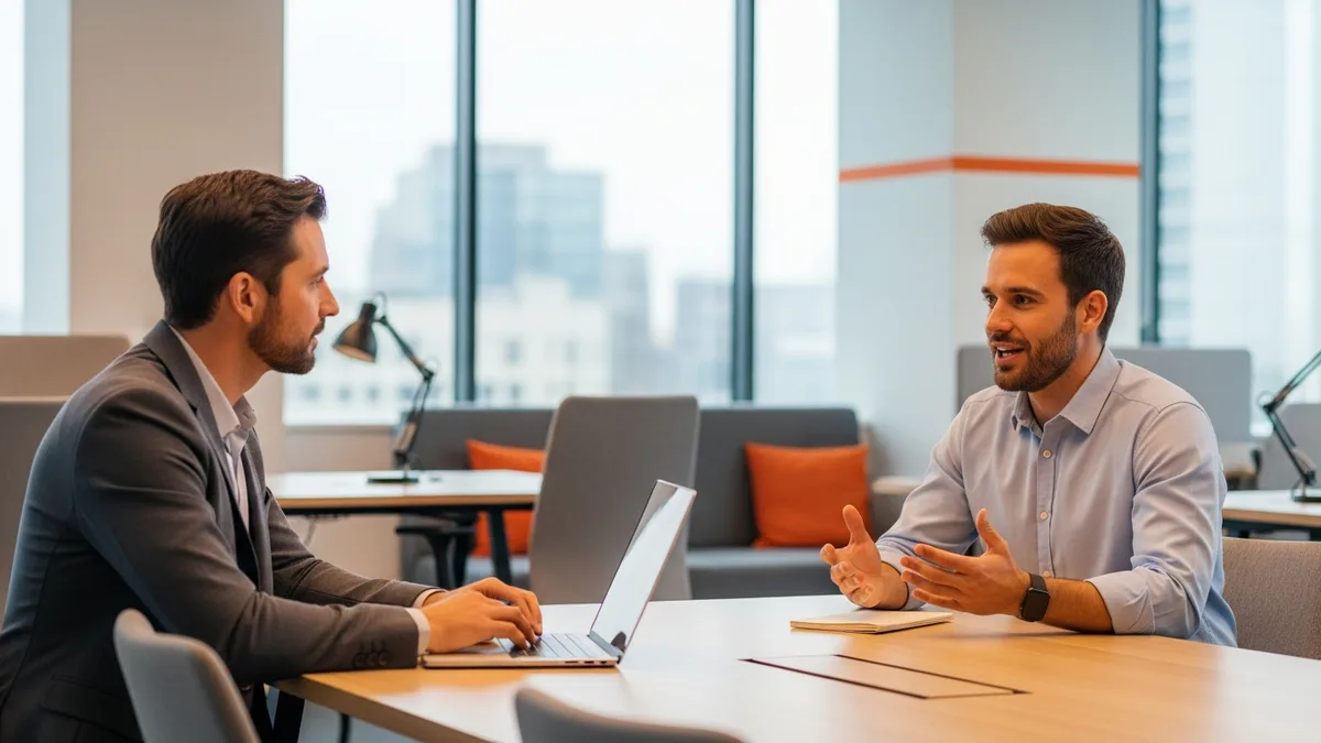 Hiring manager interviewing a confident product marketing manager candidate across a conference table in a modern tech office