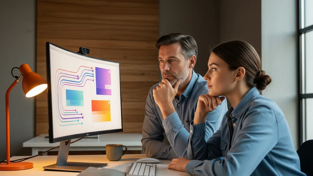 Engineering lead and prompt engineer reviewing production prompt iterations and eval outputs side by side on a curved monitor in a modern workspace with an orange accent