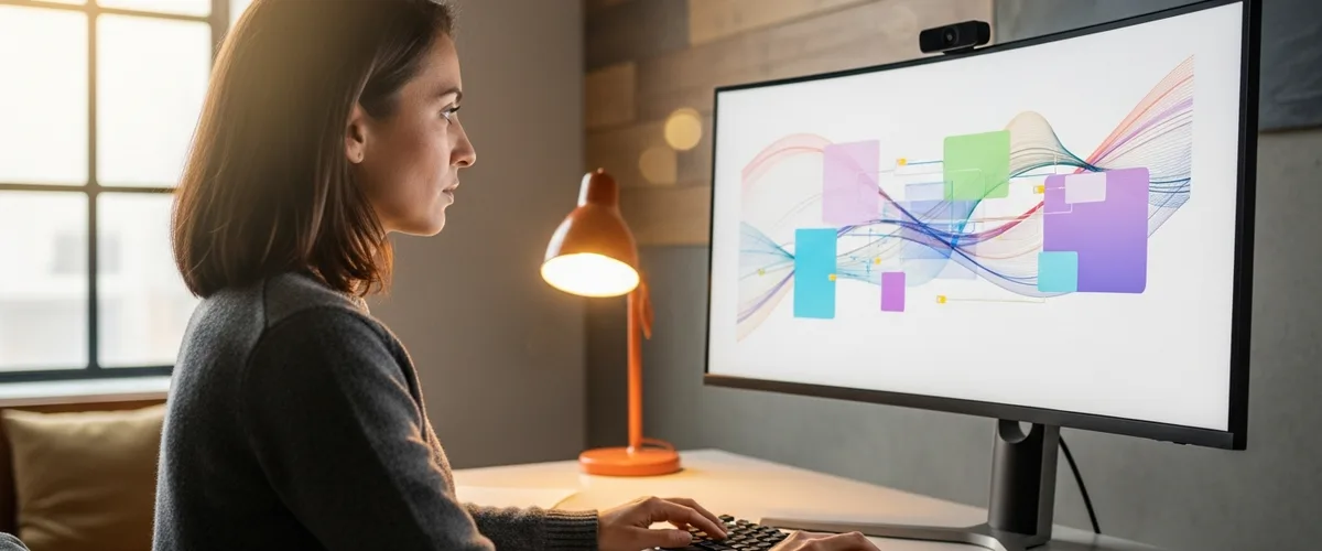 Senior prompt engineer reviewing abstract eval dashboards at a modern workstation with an orange accent desk lamp, illustrating how to hire a prompt engineer in 2026