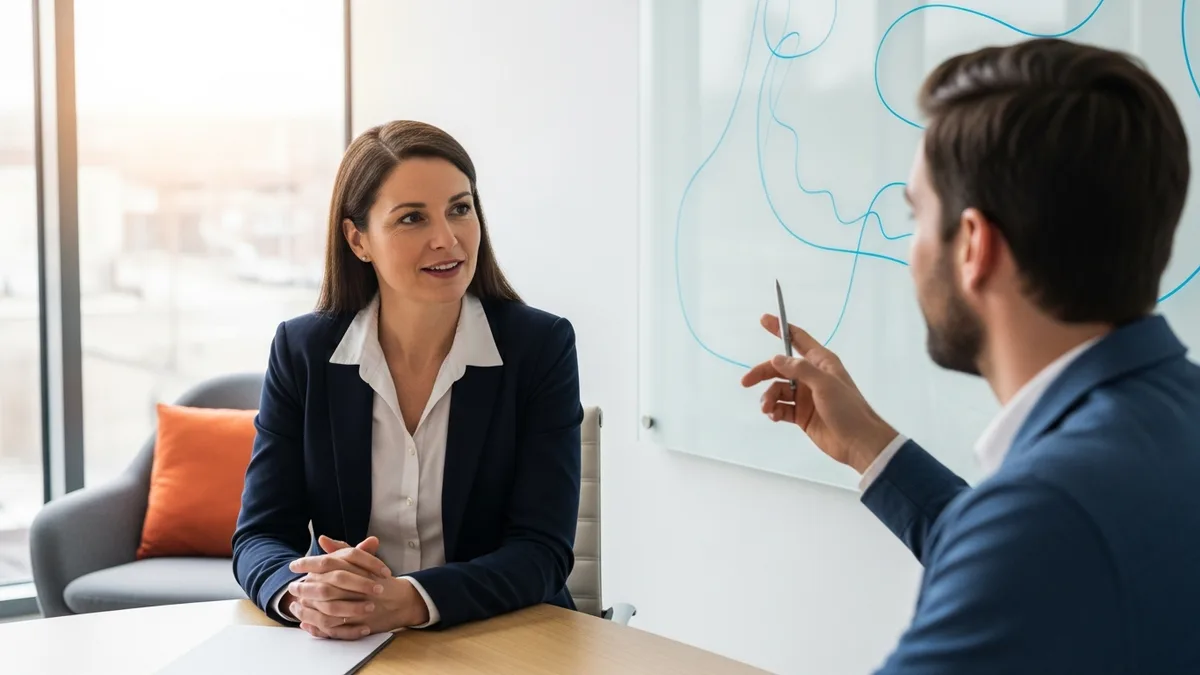 Female hiring manager grading a male prompt engineer candidate at a glass whiteboard during a 2026 four-round technical interview in a bright contemporary office