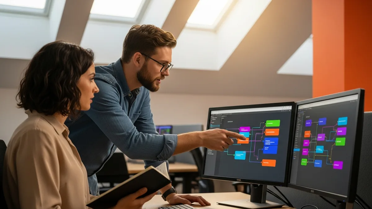 Senior prompt engineer and a colleague pair-programming on production prompt iterations at dual monitors in a modern tech office with a soft orange accent wall