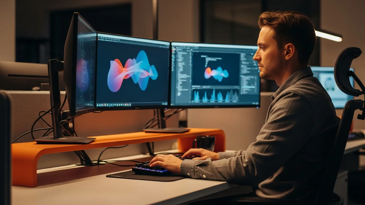 SAP technical consultant and ABAP developer working at a multi-monitor workstation