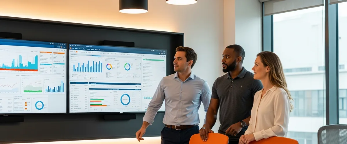 Enterprise SAP project team reviewing ERP financial and supply-chain dashboards while planning an S/4HANA hire