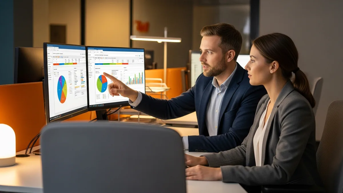 SAP functional consultant and a finance manager reviewing S/4HANA financial dashboards at a dual-monitor desk