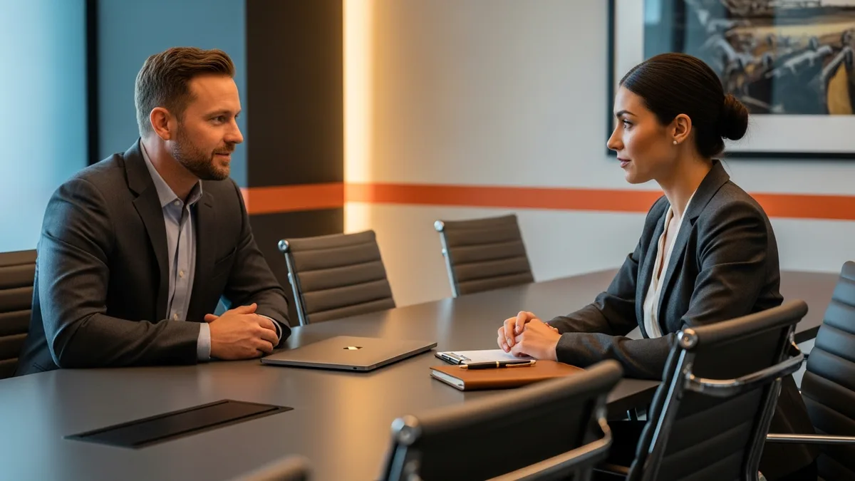 Hiring manager interviewing an SAP consultant candidate across a desk in a modern conference room