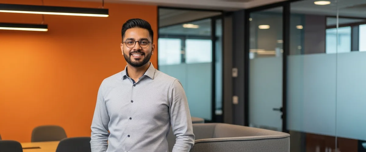ServiceNow developer staffing consultant standing in a modern enterprise office with an orange accent wall