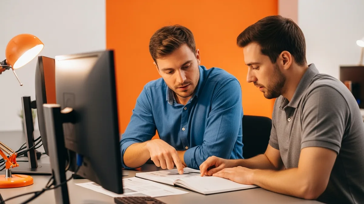 Two ServiceNow developers collaborating on an ITSM build at a workstation in a modern tech office