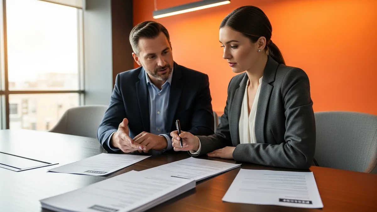 Hiring manager and recruiter reviewing printed ServiceNow developer candidate resumes at a conference table