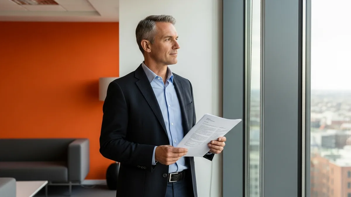 Senior ServiceNow architect reviewing an implementation plan by an office window