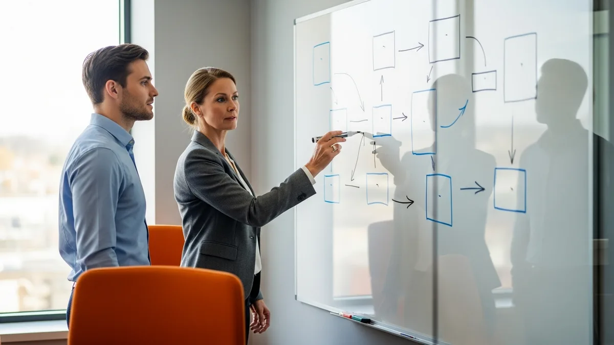 Snowflake data architect sketching cloud data warehouse account topology and access roles on a whiteboard while an engineer looks on