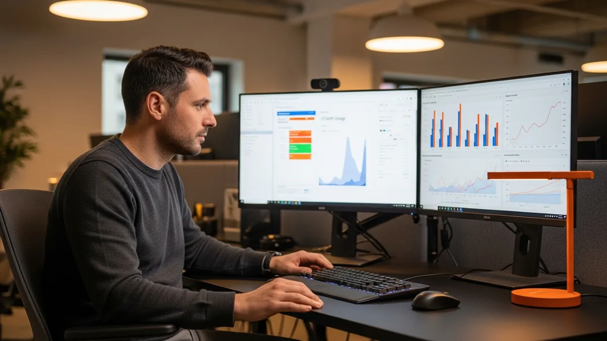 Senior Snowflake engineer reviewing a credit-usage cost dashboard and query performance graphs on dual monitors in a modern office