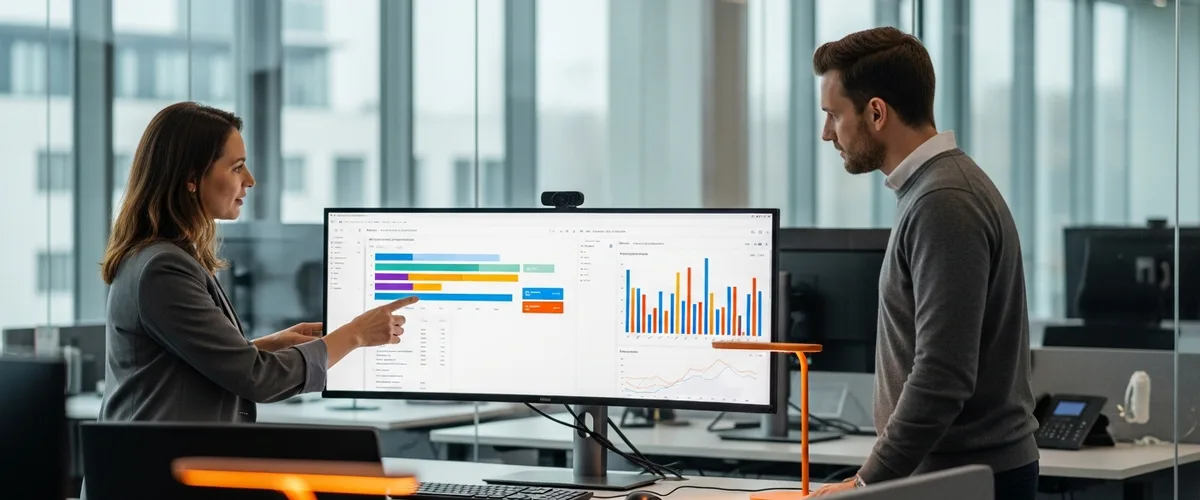 KORE1 Snowflake engineer staffing data platform team reviewing cloud data warehouse dashboards on an ultrawide monitor