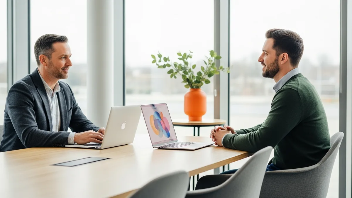 Hiring manager interviewing a Snowflake engineer candidate across a table in a glass-walled meeting room