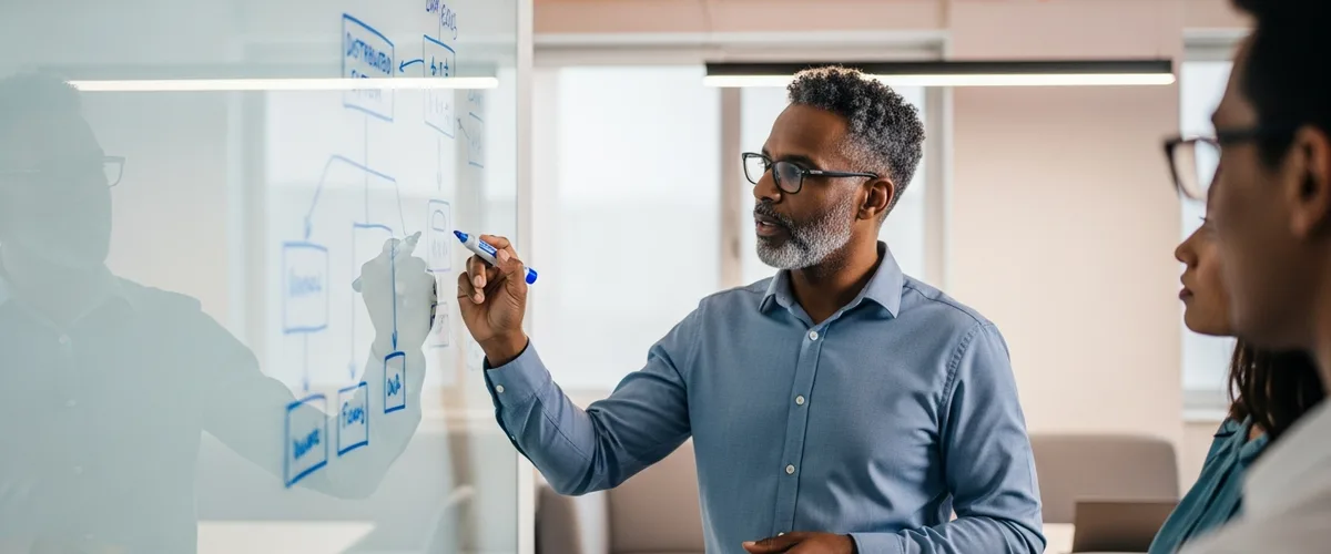 Senior staff engineer sketching a distributed system architecture diagram on a glass whiteboard for two colleagues