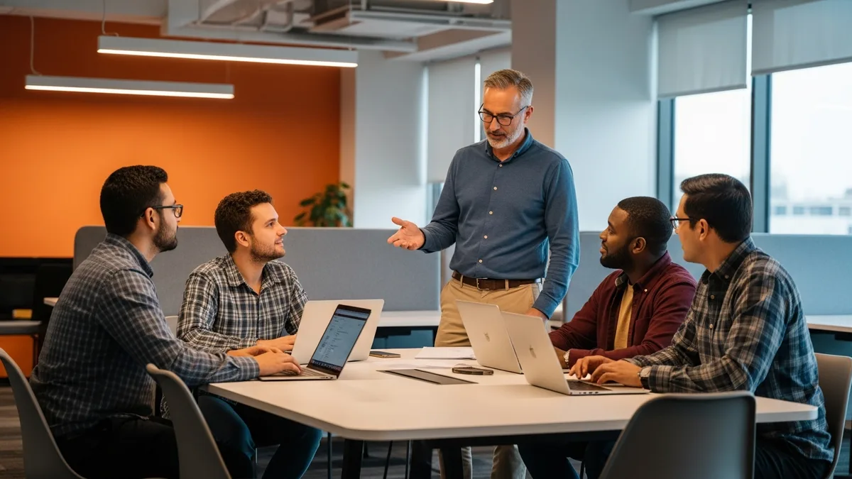 Staff engineer standing and guiding a cross-team group of four engineers during a planning session