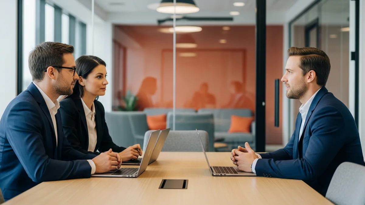 Two technical interviewers assessing a senior staff engineer candidate across a conference room table