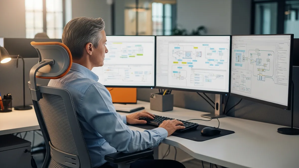 Senior staff software engineer reviewing distributed system architecture diagrams on three monitors at a workstation