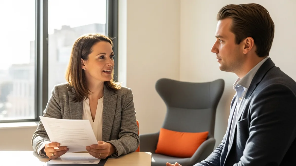 Hiring manager interviewing a VP of data candidate across a table in a bright modern office