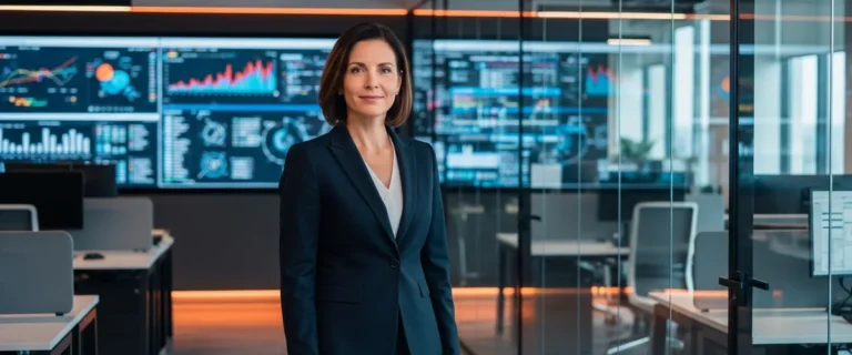 VP of data executive standing in a modern analytics office with data dashboards on screens behind her
