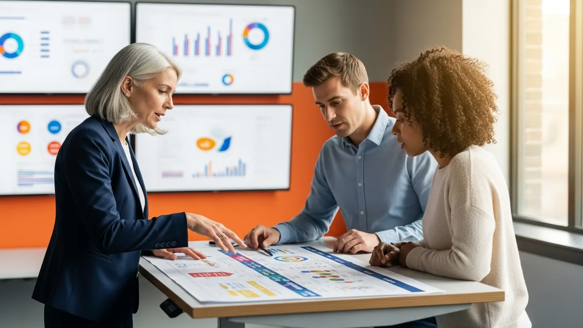 Senior data leader mentoring two data managers while reviewing a printed roadmap with dashboards on the wall
